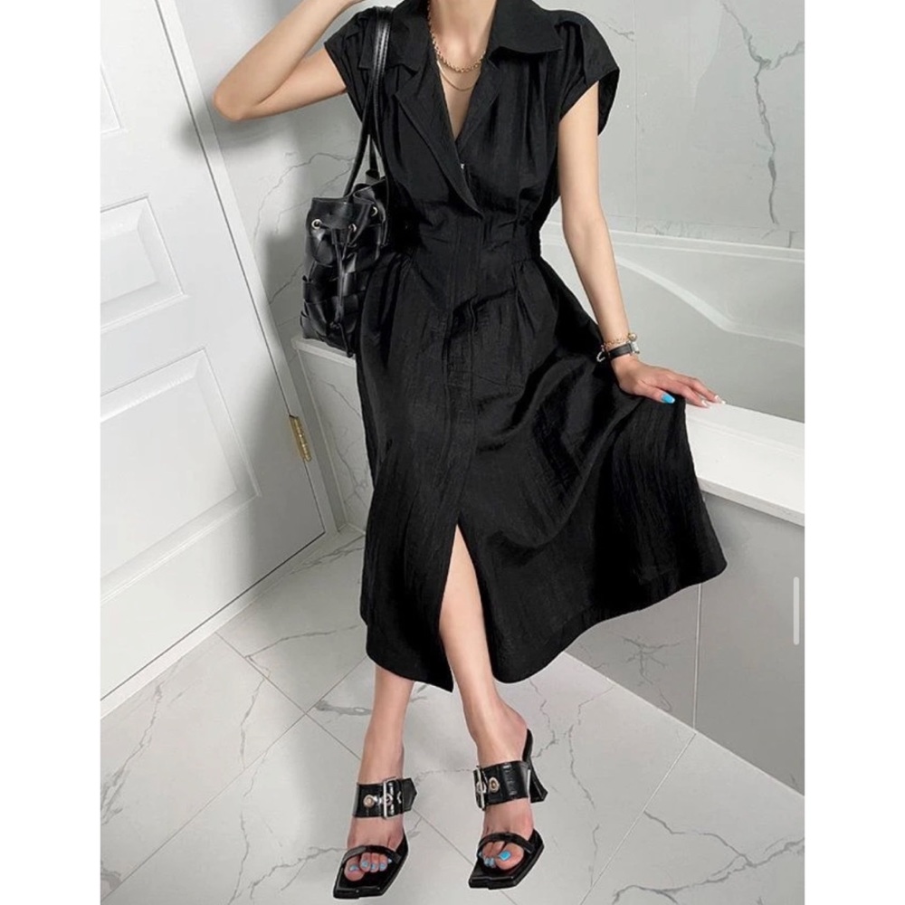 South Korean Brand NANING9 Linen Blend One Piece Flared Dress in Black